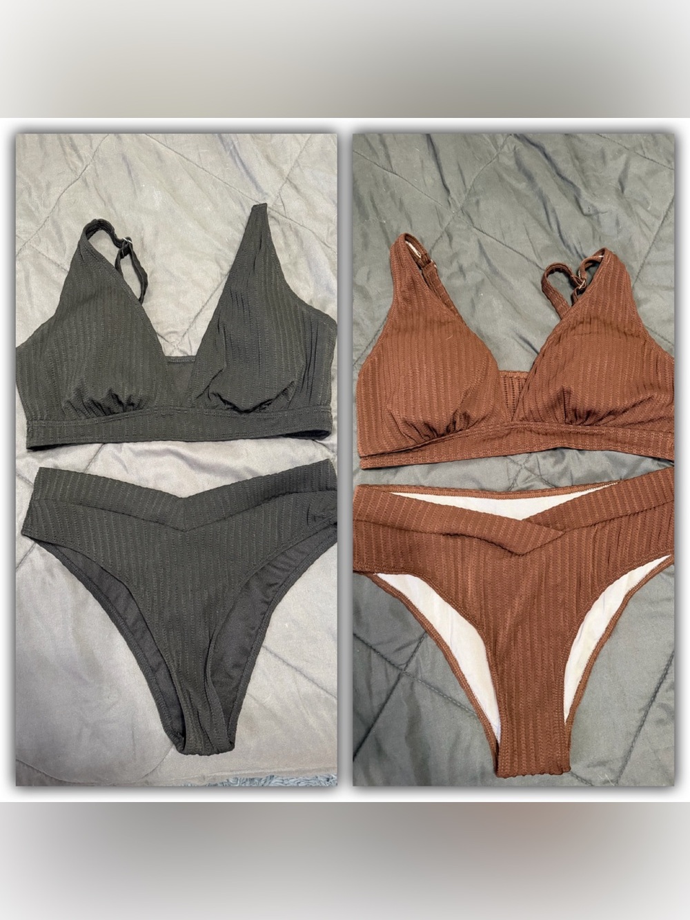 Ribbed Two-Piece Bikini Set in Black and Brown